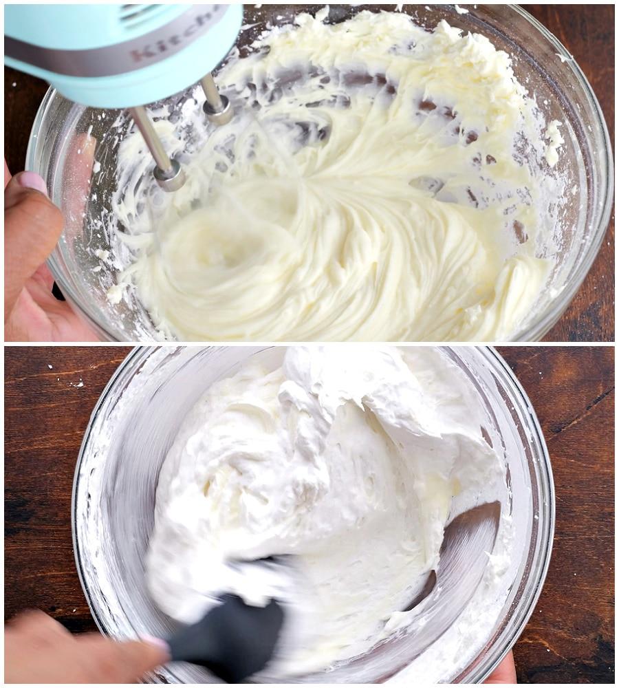 Mixing the cream cheese mixture.