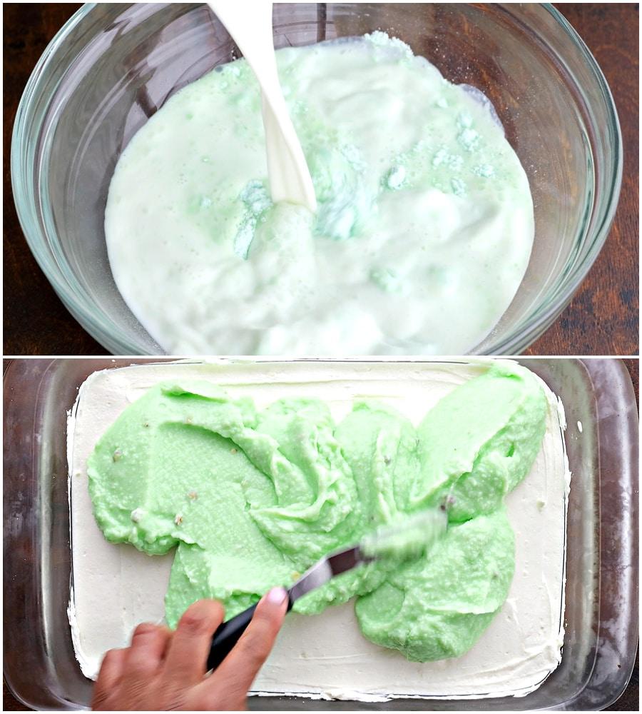 Pistachio mixture being mixed and spread on.