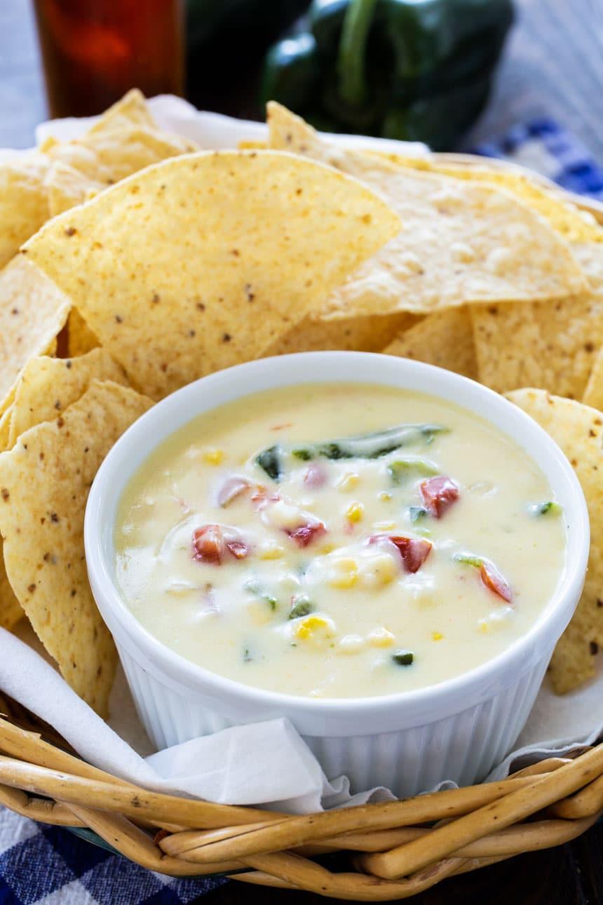 Poblano and Corn Queso in small ramekin.