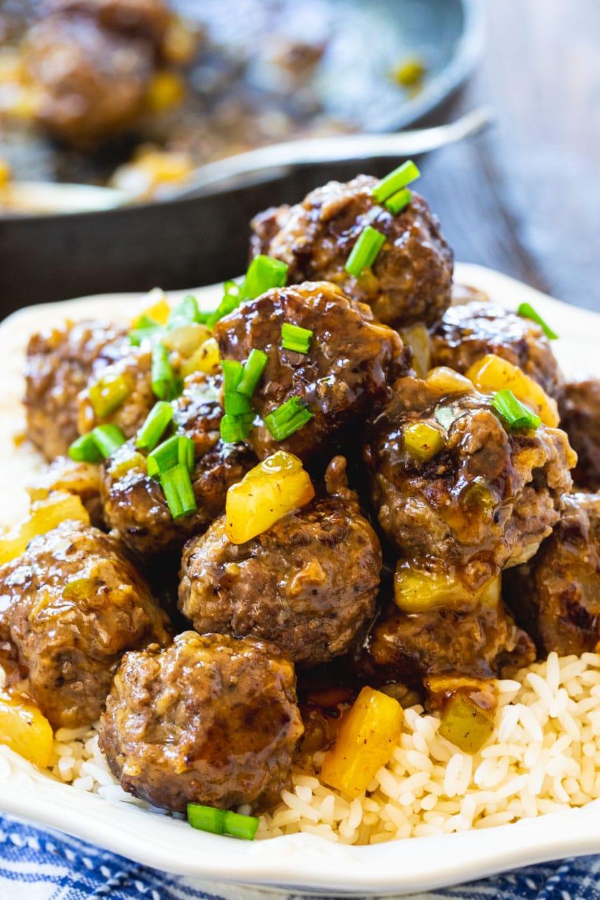 Polynesian Meatballs served over white rice.