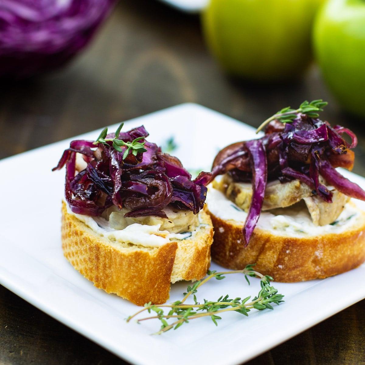 Pork Tenderloin Crostini with Sweet-and-Sour Red Cabbage