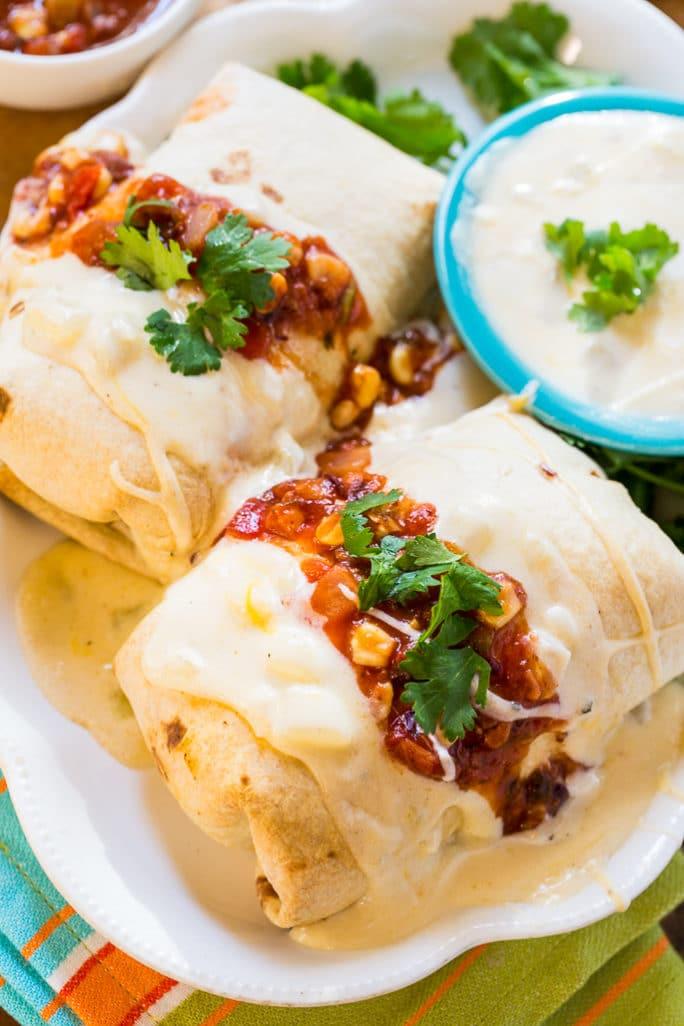 Pulled Pork Burritos with Cheesy Sour Cream Sauce for Cinco de Mayo