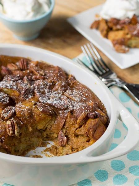 Pumpkin Bread Pudding with Bourbon Whipped Cream