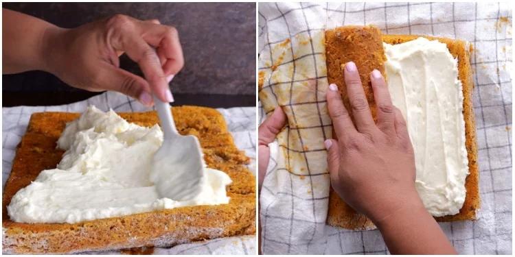 Spreading filling on cake and rolling up.