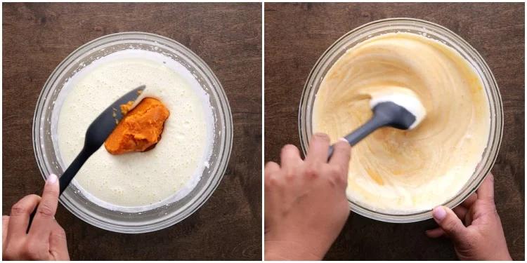 Mixing the pumpkin in.