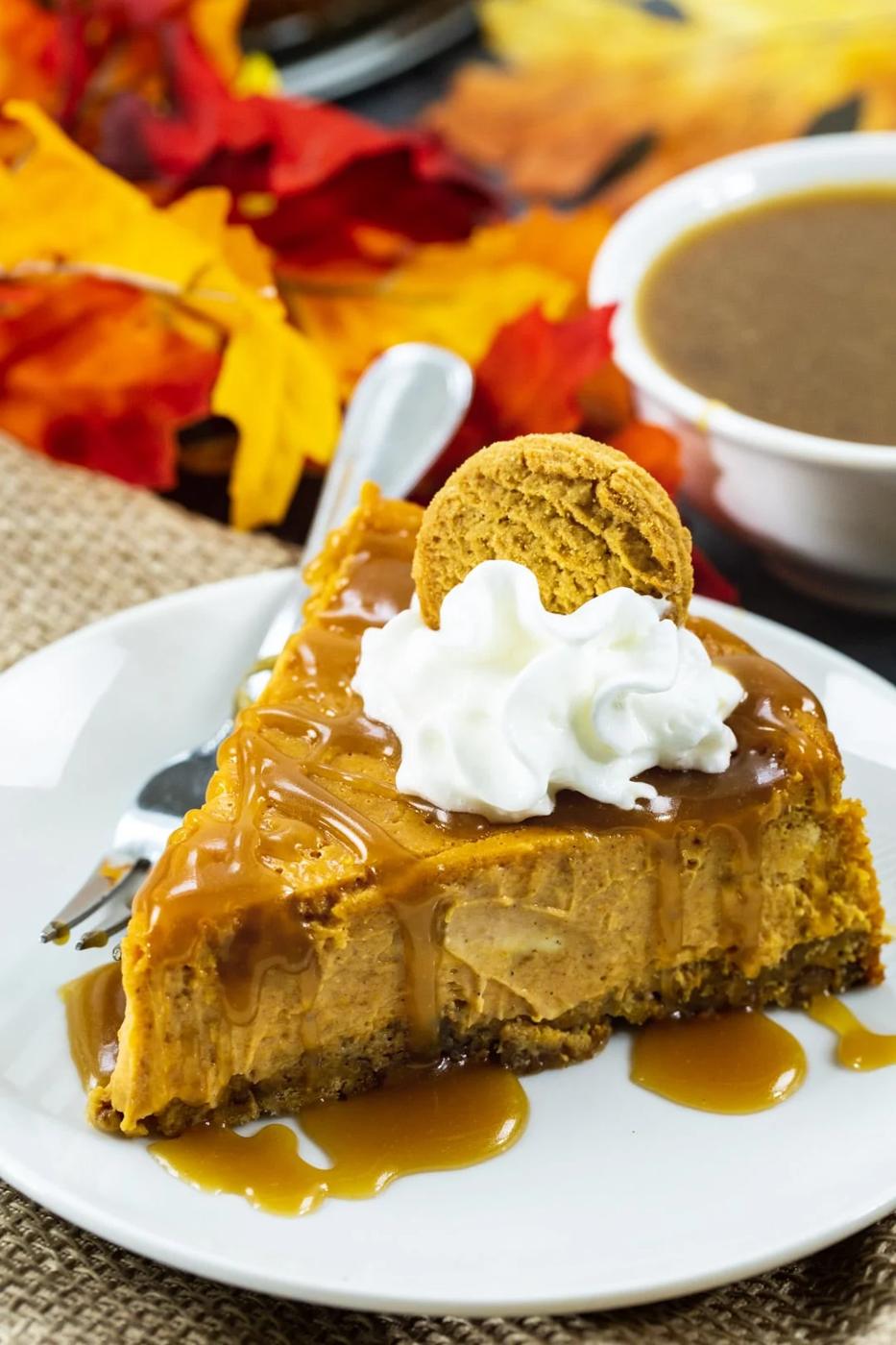 Slice of Pumpkin Cheesecake on a plate.