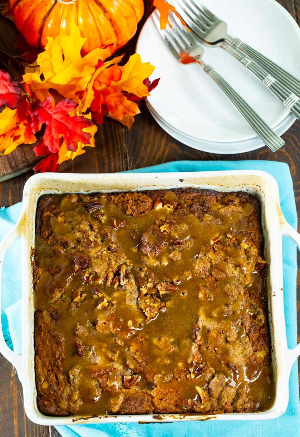 Whole Pumpkin Coffee Cake in a baking dish.
