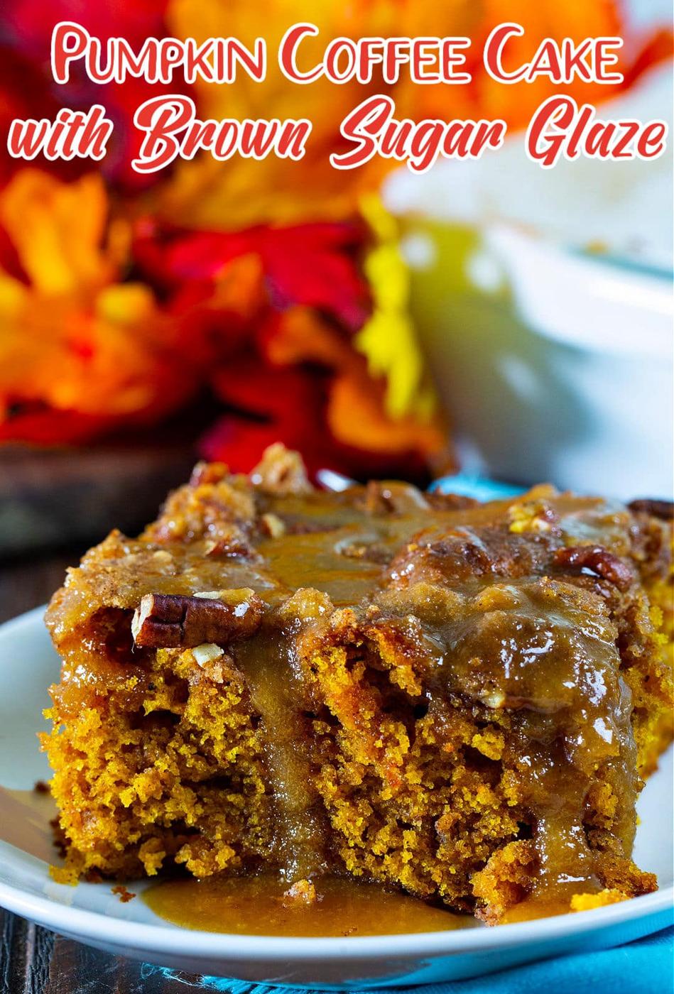 Piece of Pumpkin Coffee Cake with Brown Sugar Glaze on plate.