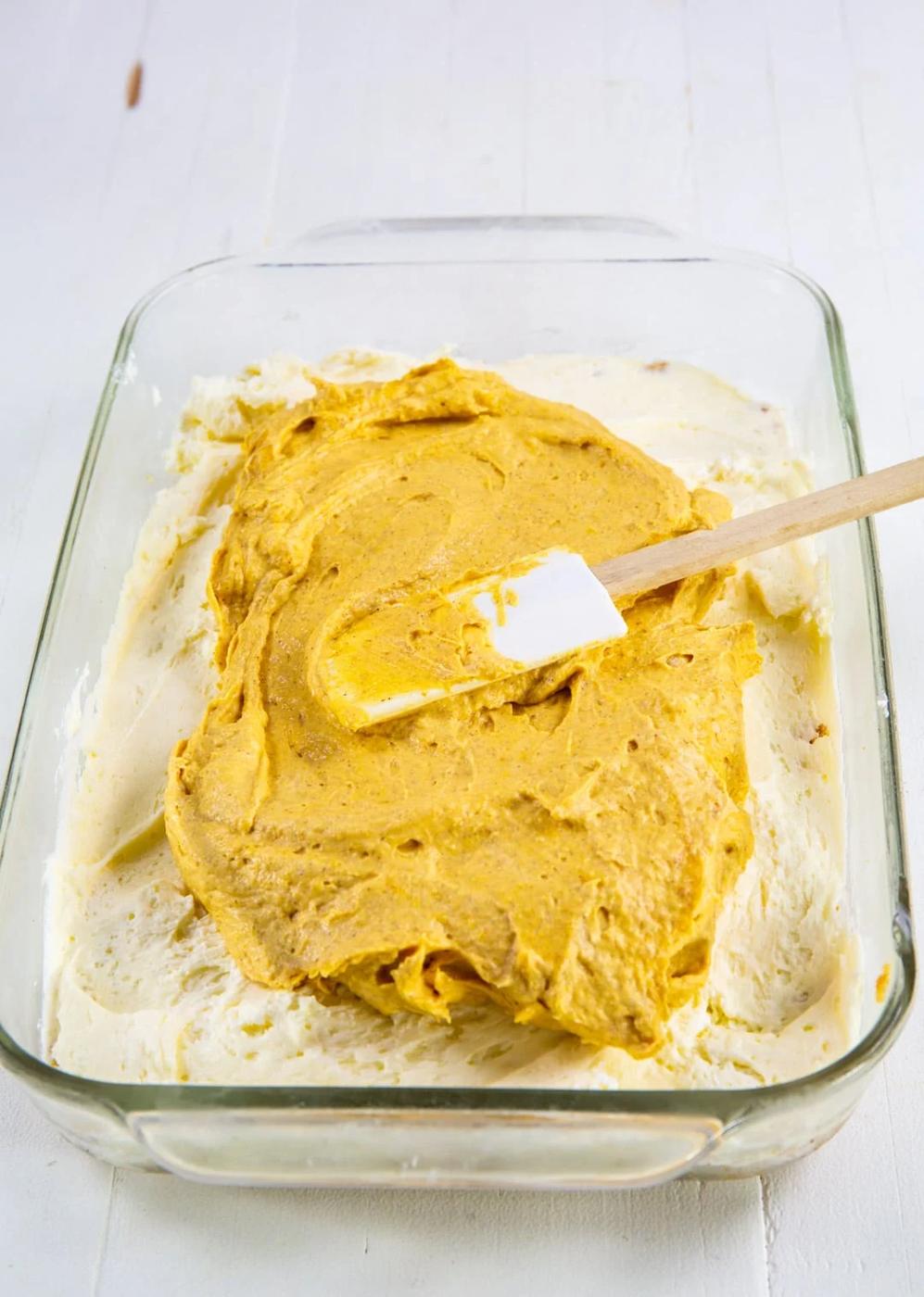 Pumpkin layer getting spread on cream cheese layer.