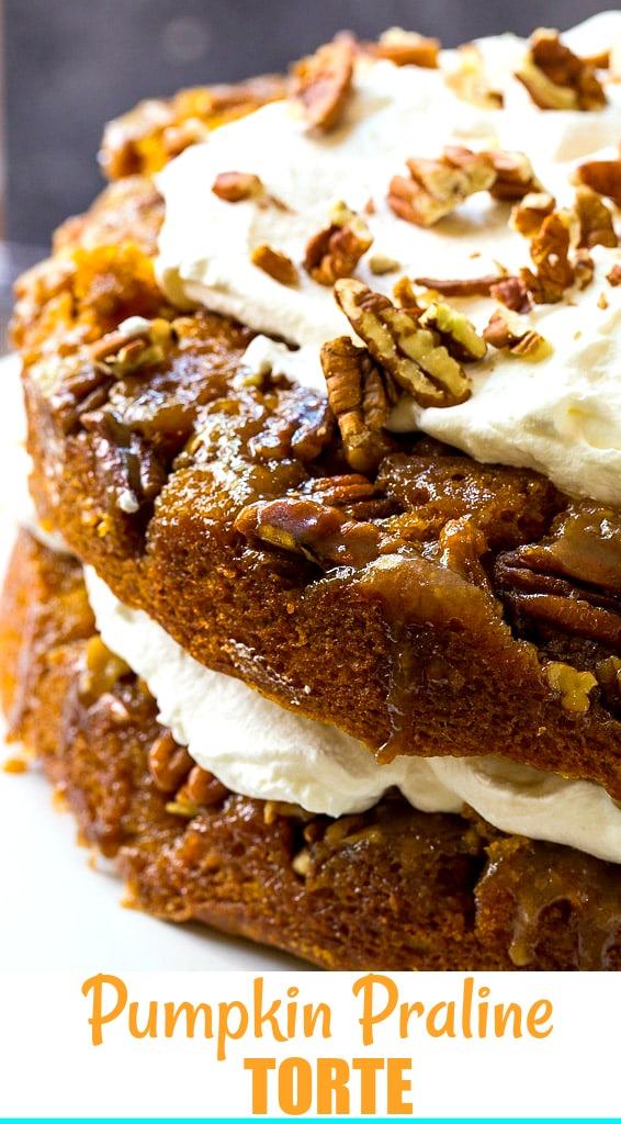 Close-up of Pumpkin Cake covered with pecans.