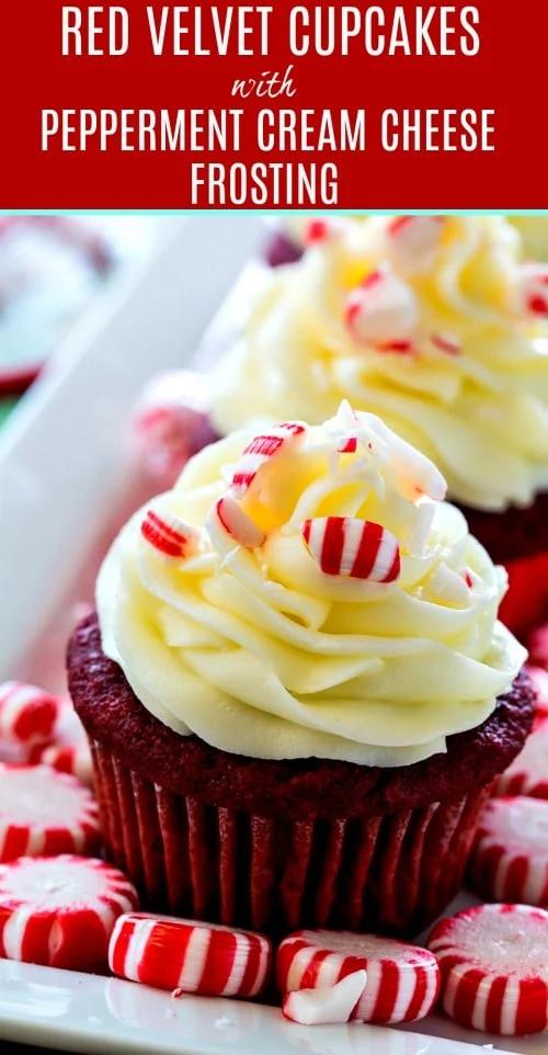 Red Velvet Cupcakes with Peppermint Cream Cheese Frosting #christmas