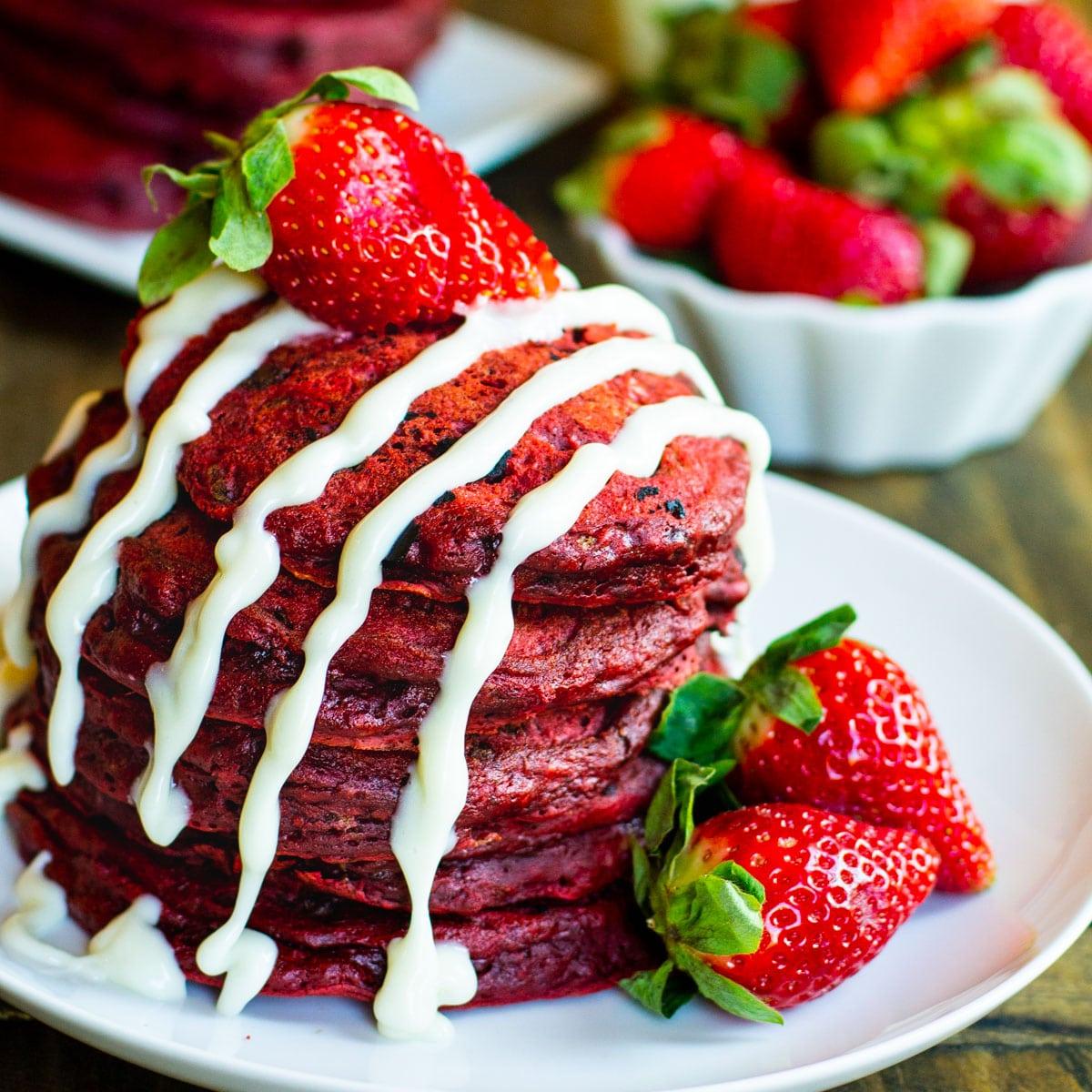 Red Velvet Pancakes with Cream Cheese Drizzle