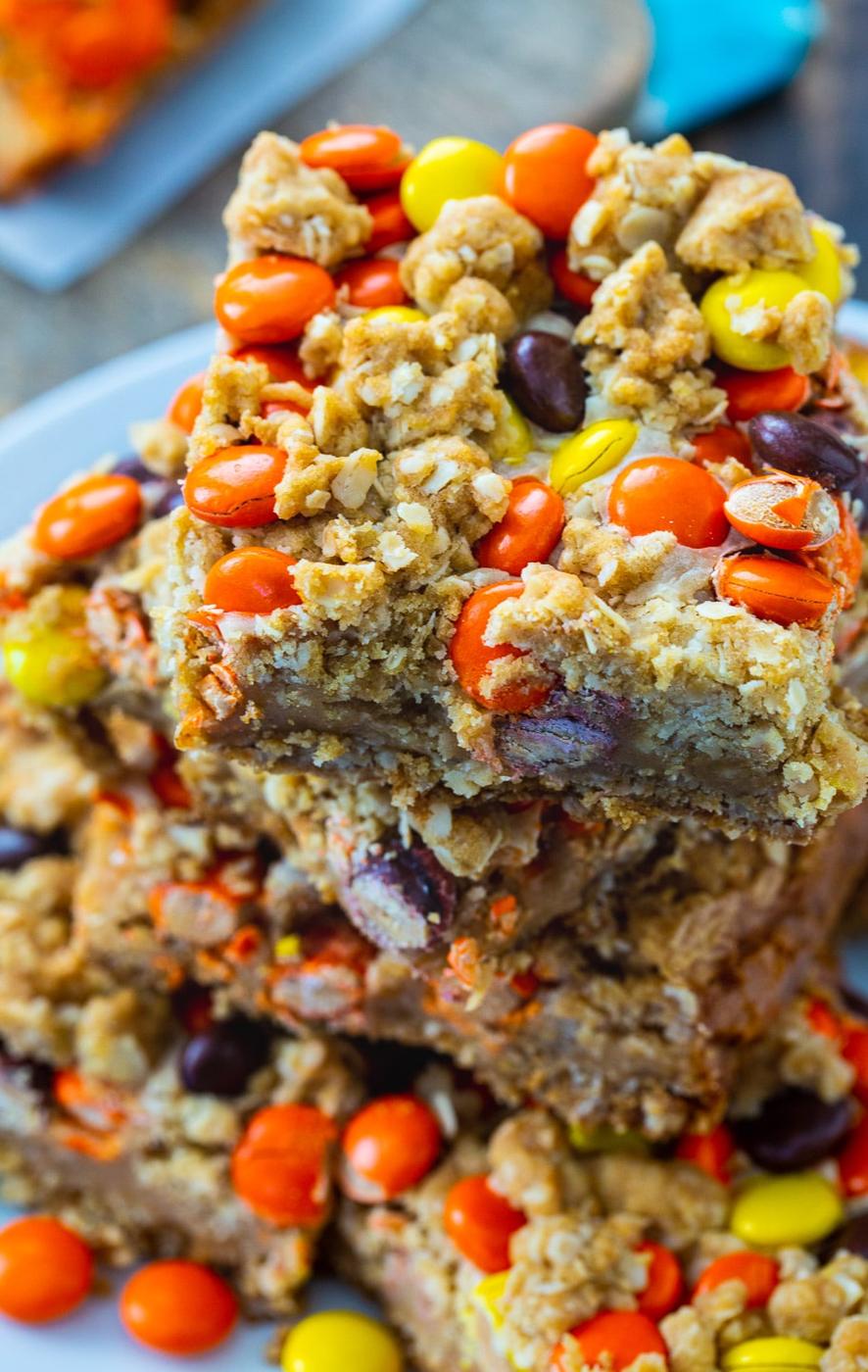 Close-up of Reese's Pieces Peanut Butter Oatmeal Bars