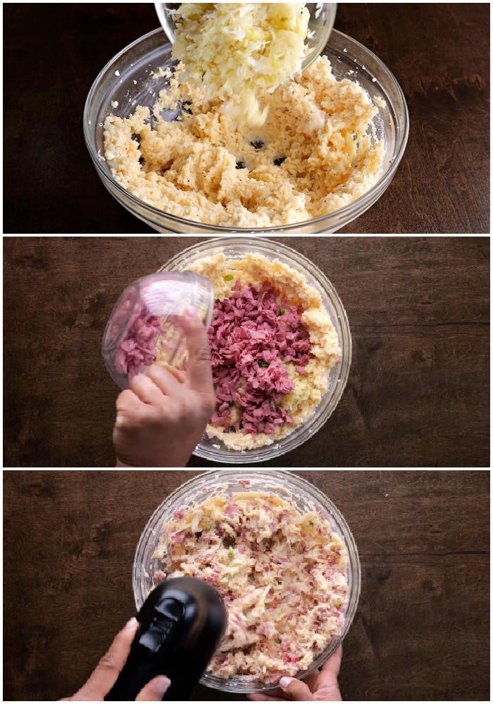 Mixing in sauerkraut and corned beef.