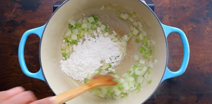 Adding the flour.