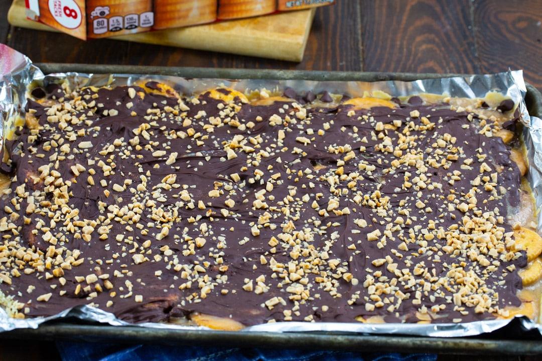 Ritz Cracker Candy on baking sheet.
