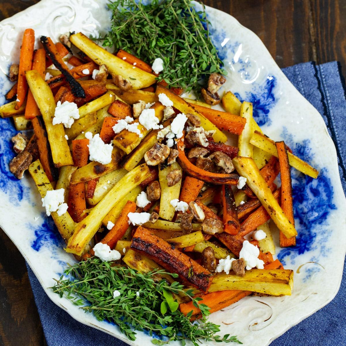 Roasted Carrots and Parsnips with Candied Pecans and Goat Cheese