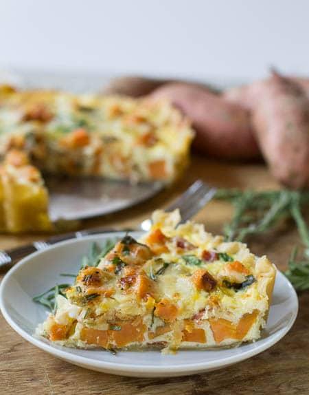 Slice of Roasted Sweet Potato Quiche.