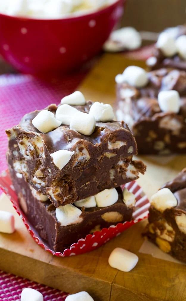 Rocky Road Fudge with lots of chooped almonds and mini marshmallows.