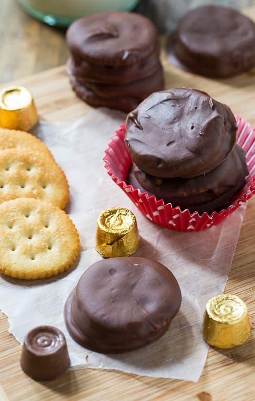 Rolo Stuffed Ritz Crackers covered in milk chocolate