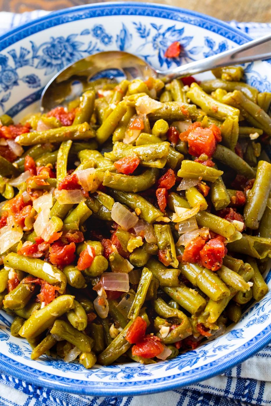 Rotel Green Beans in blue and white serving bowl.