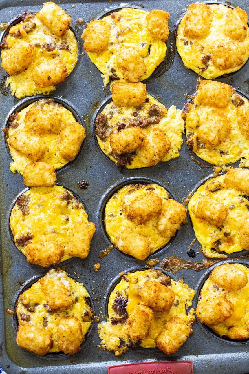 Tater Tot Cups in muffin pan.