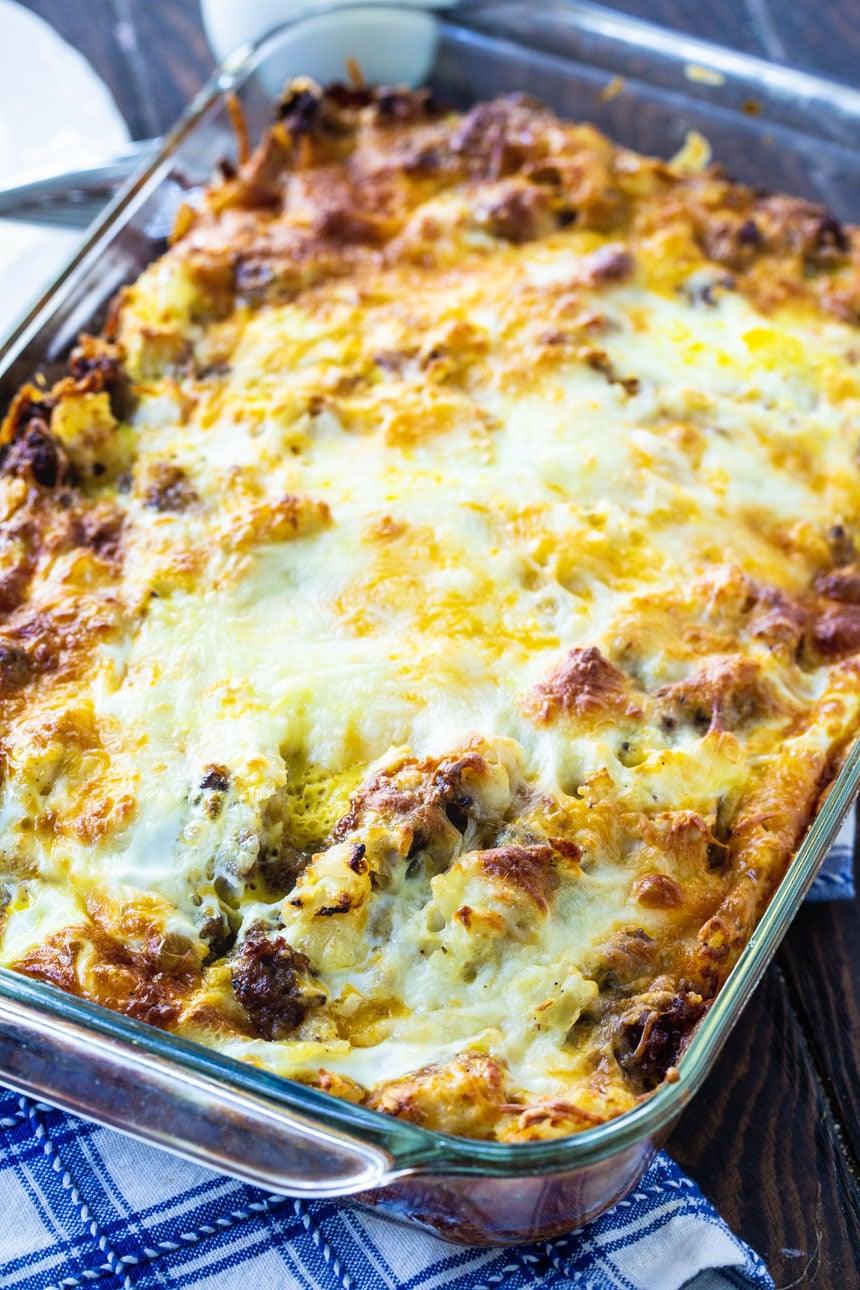English Muffin Breakfast Casserole in a 9x13-inch baking dish