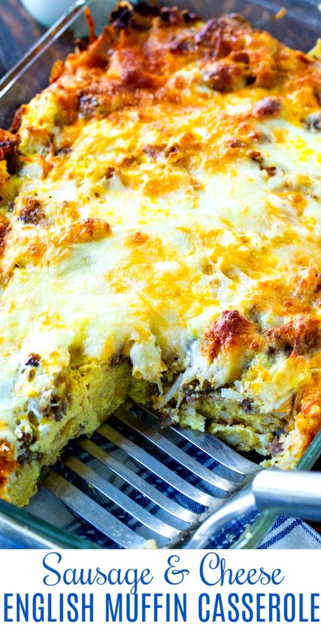Close-up of Sausage & Cheese Eglish Muffin Breakfast Casserole