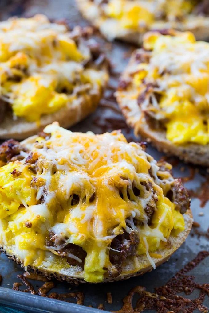 Sausage, Egg & Cheese Breakfast Bagel Pizzas