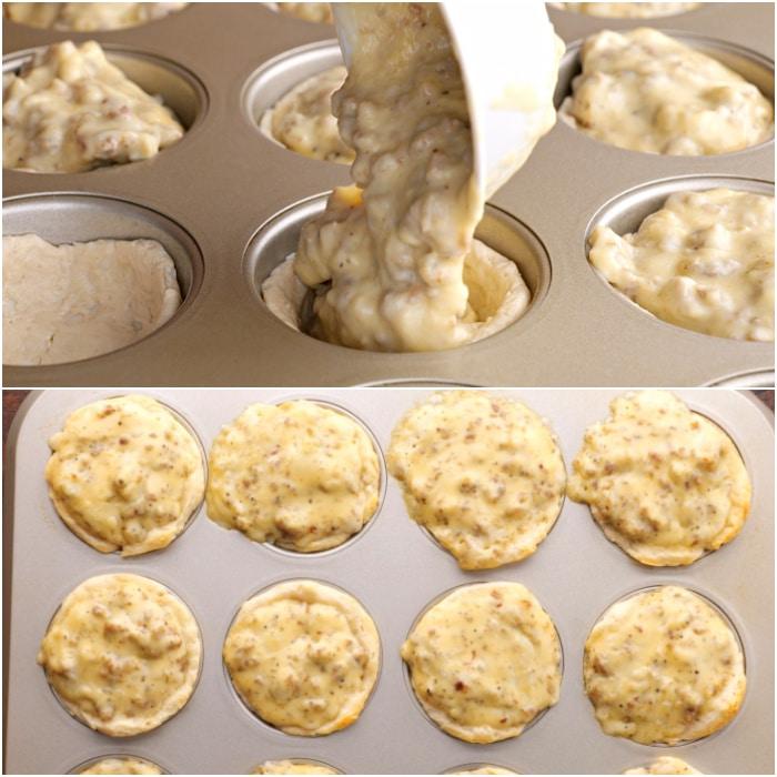Filling the cups with sausage gravy.