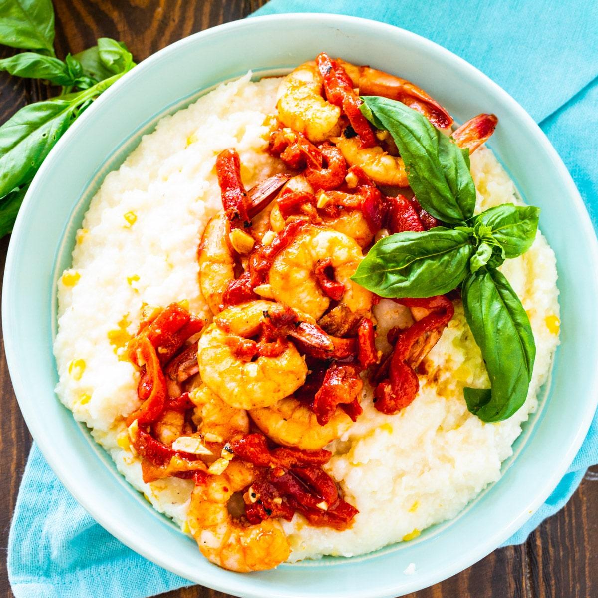 Shrimp and Goat Cheese Grits with Roasted Red Pepper Sauce