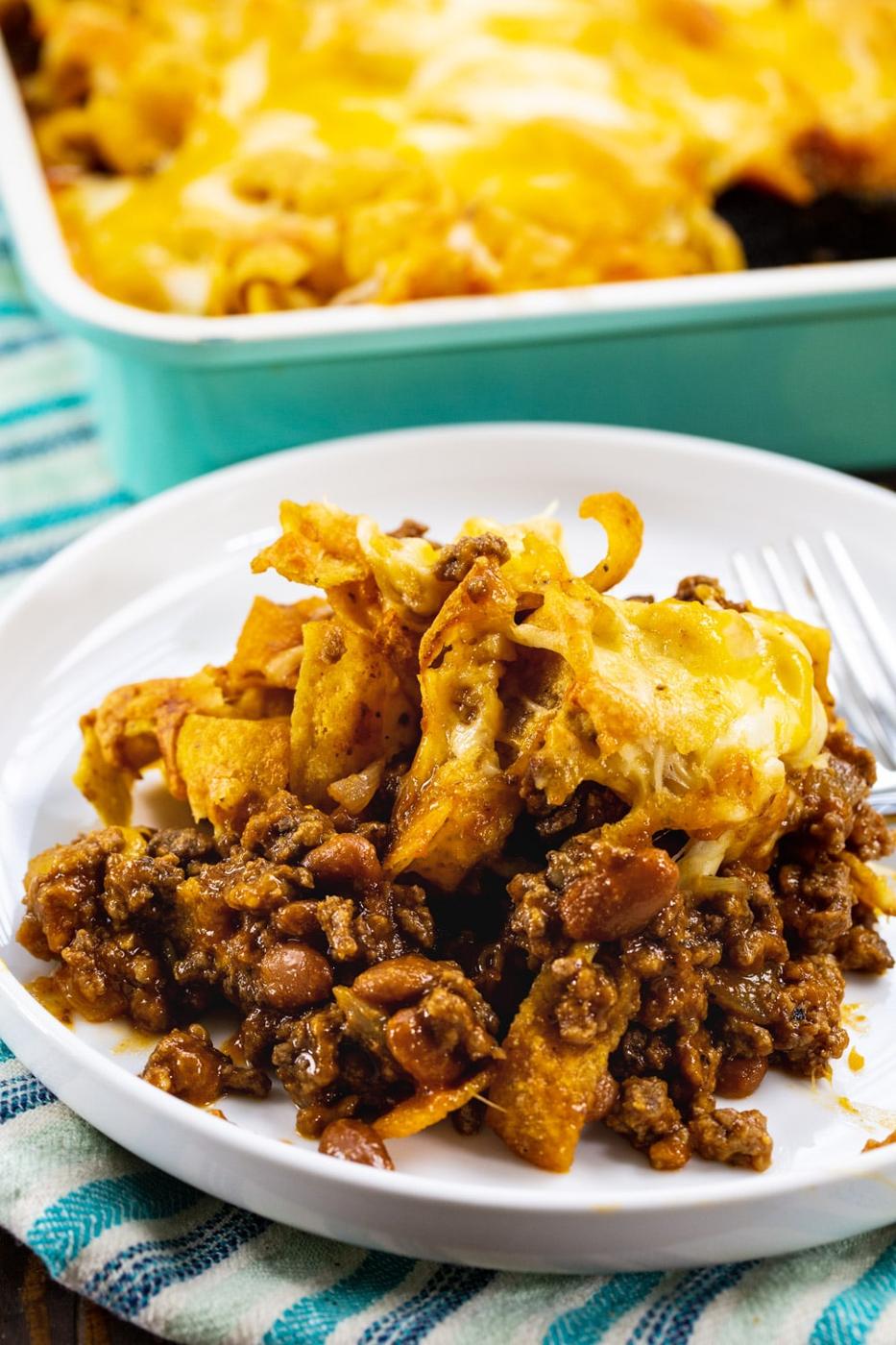 Serving of Sloppy Joe Frito Casserole on a plate.