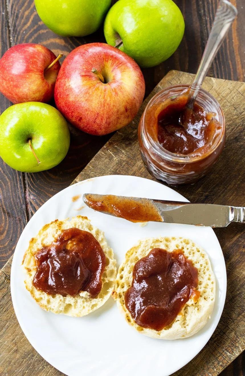 Overhead of English muffins and apples.