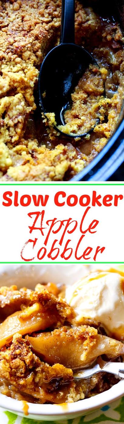 Slow Cooker Apple Cobbler. Only a few ingredients needed to make this delicious fall dessert!