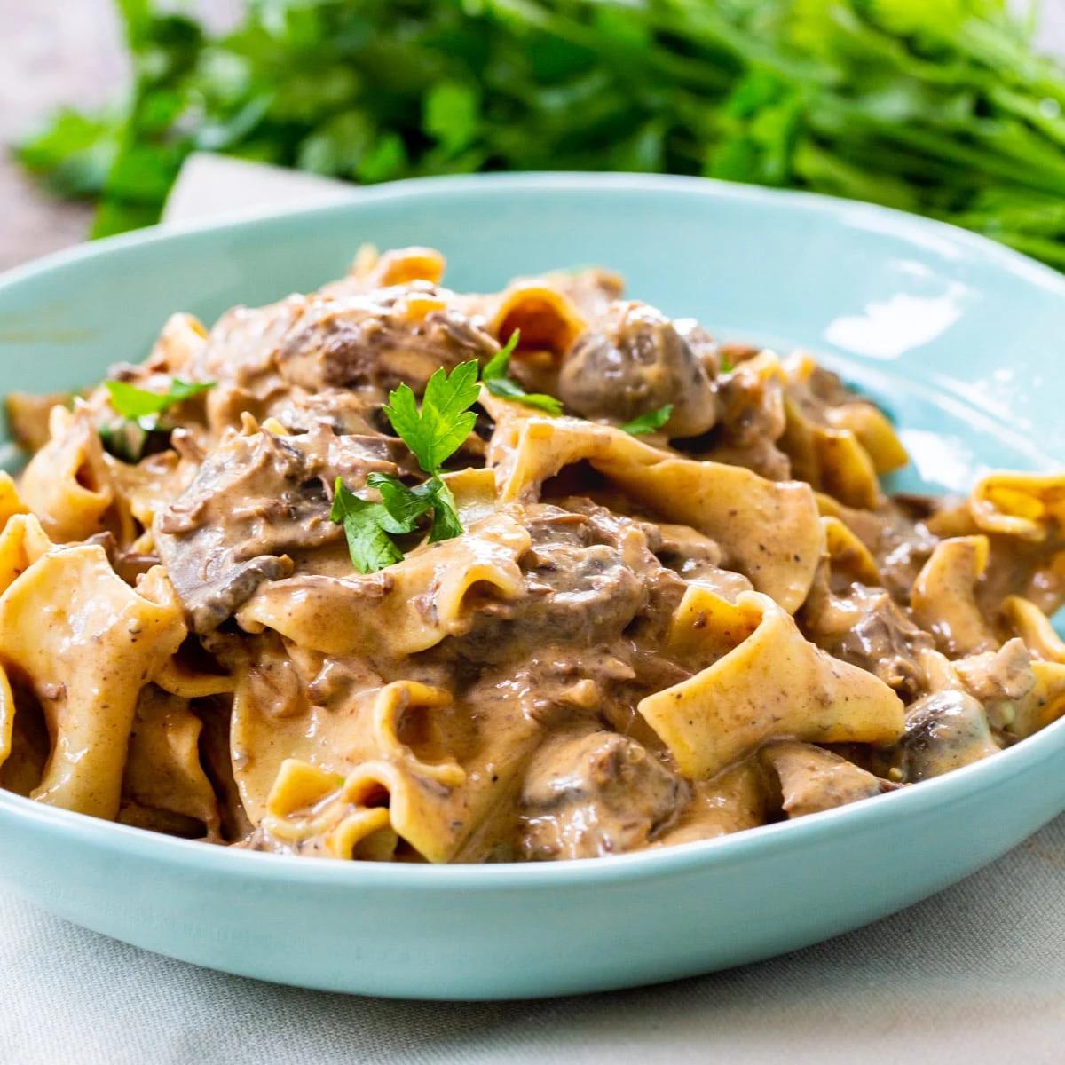 Slow Cooker Beef Stroganoff in a bowl.