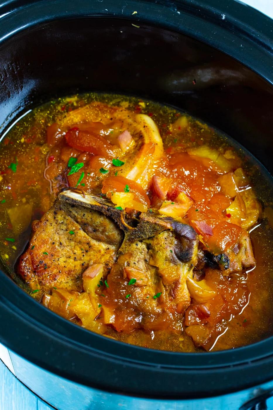 Bourbon Peach Pork Chops in slow cooker.