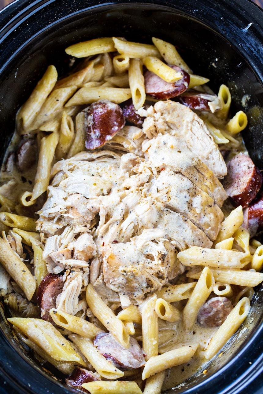 Cajun Chicken Alfredo in a slow cooker.
