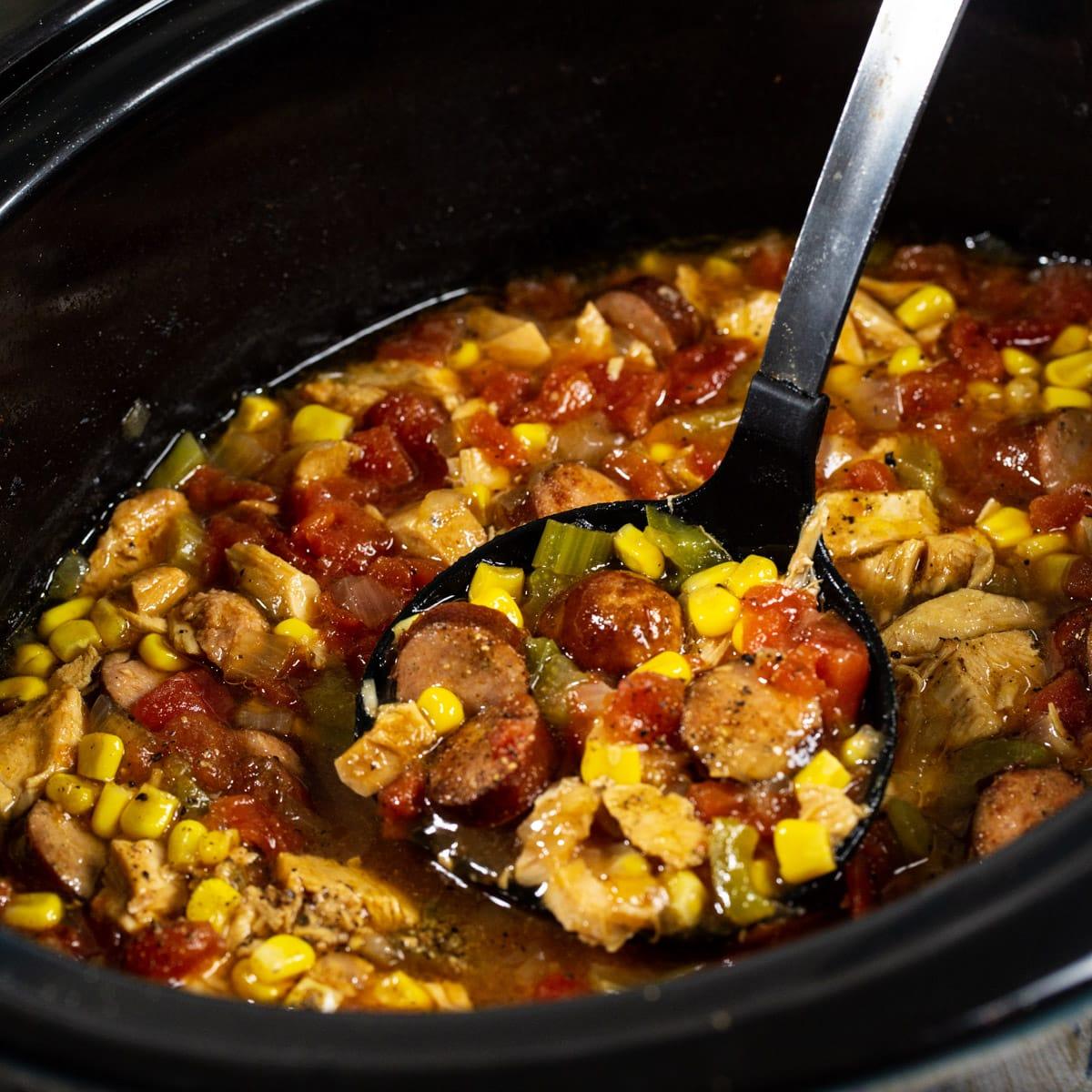 Ladle scooping soup out of slow cooker.