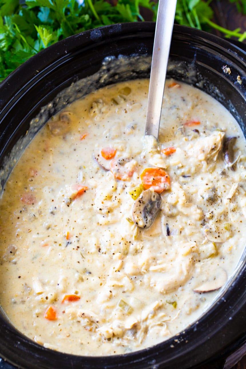 Chicken Wild Rice Soup in a slow cooker.