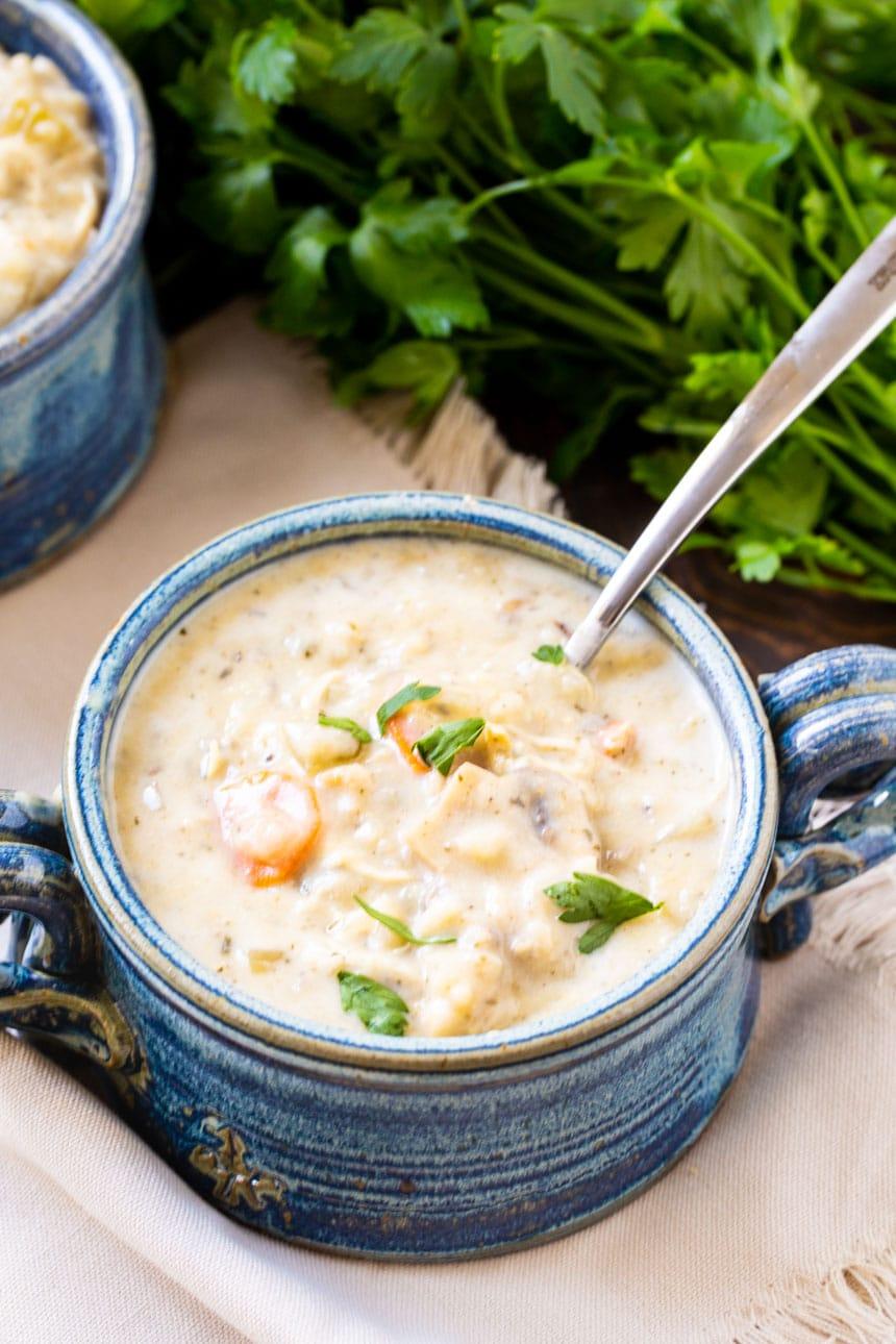 Bowl of soup with bunch of parlsey next to it.