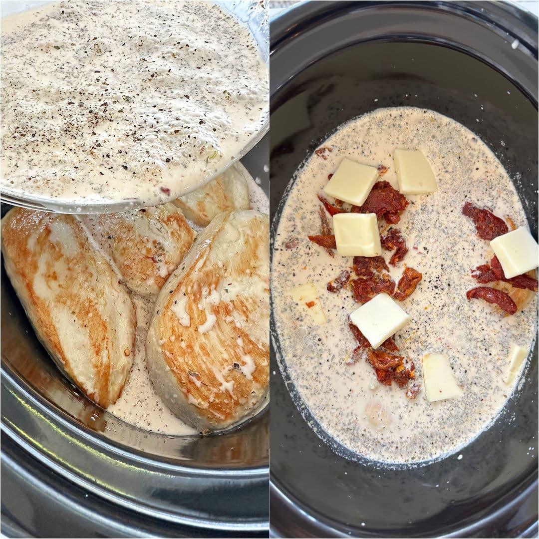Sauce being poured over chicken in slow cooker.