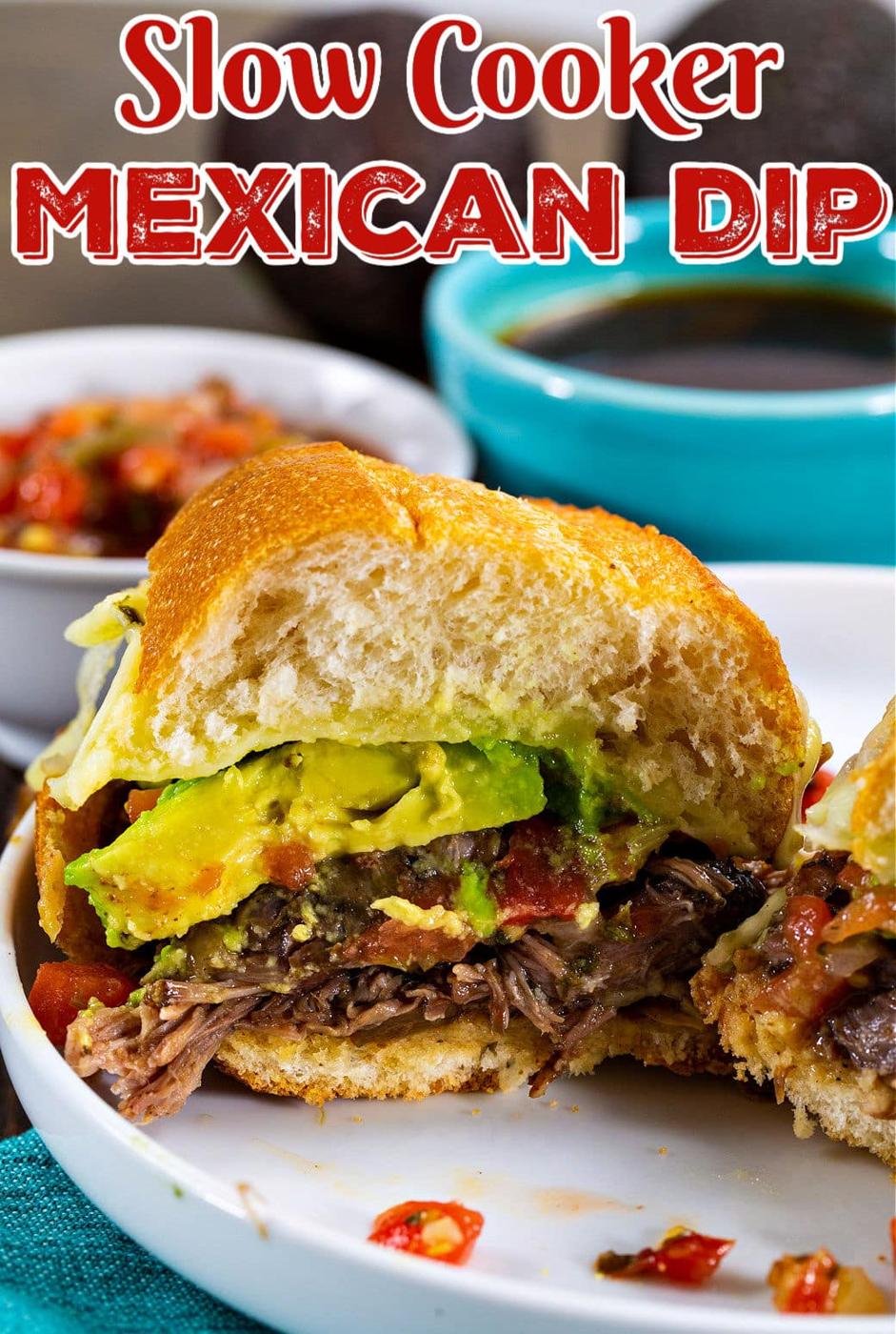 Slow Cooker Mexican Dip Sandwich cut in half.