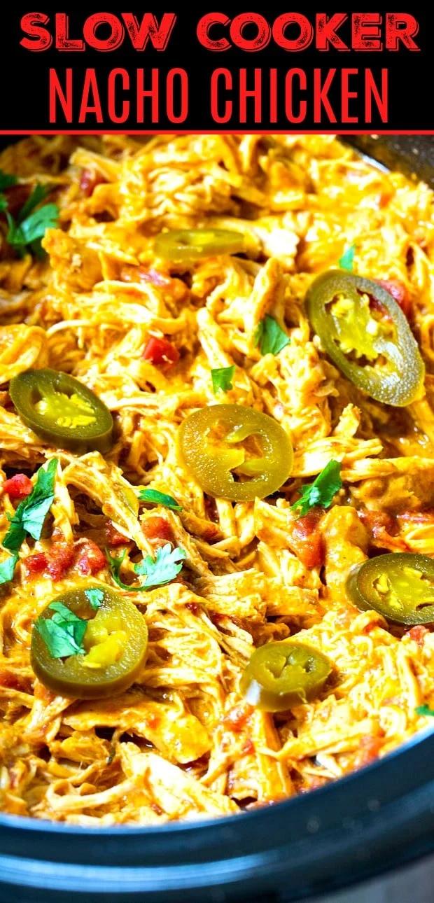 Slow Cooker Nacho Shredded Chicken in a crockpot