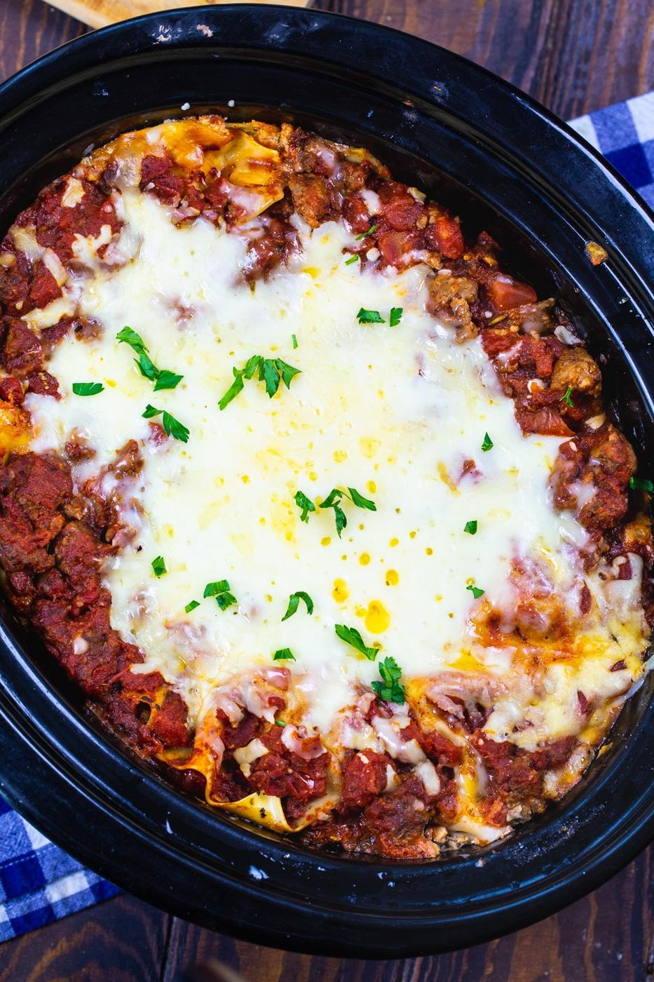 Slow Cooker Sausage Lasagna in black slow cooker.