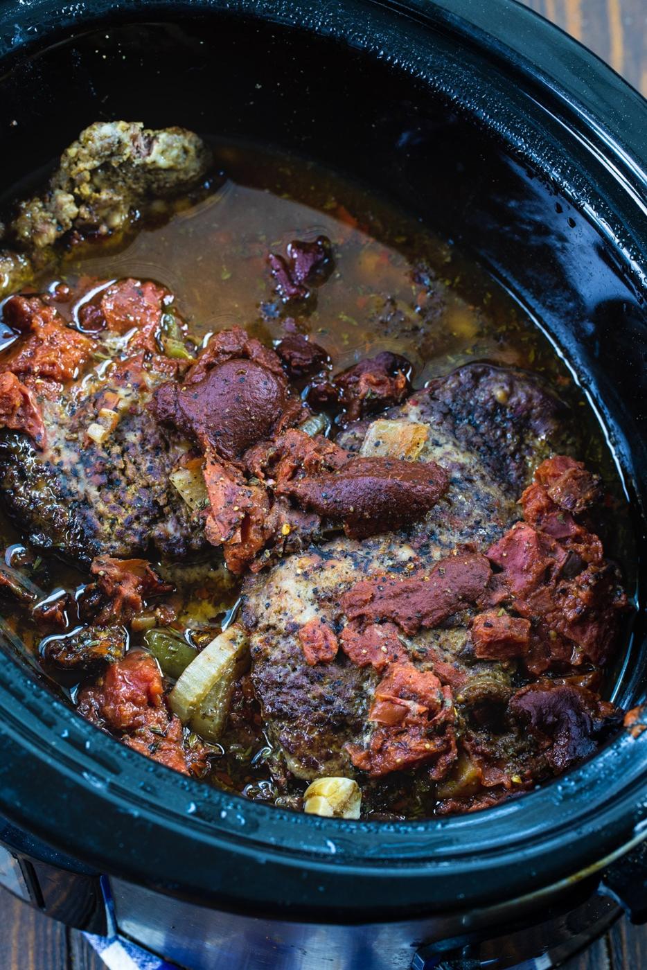 Finished Swiss steak in a slow cooker.