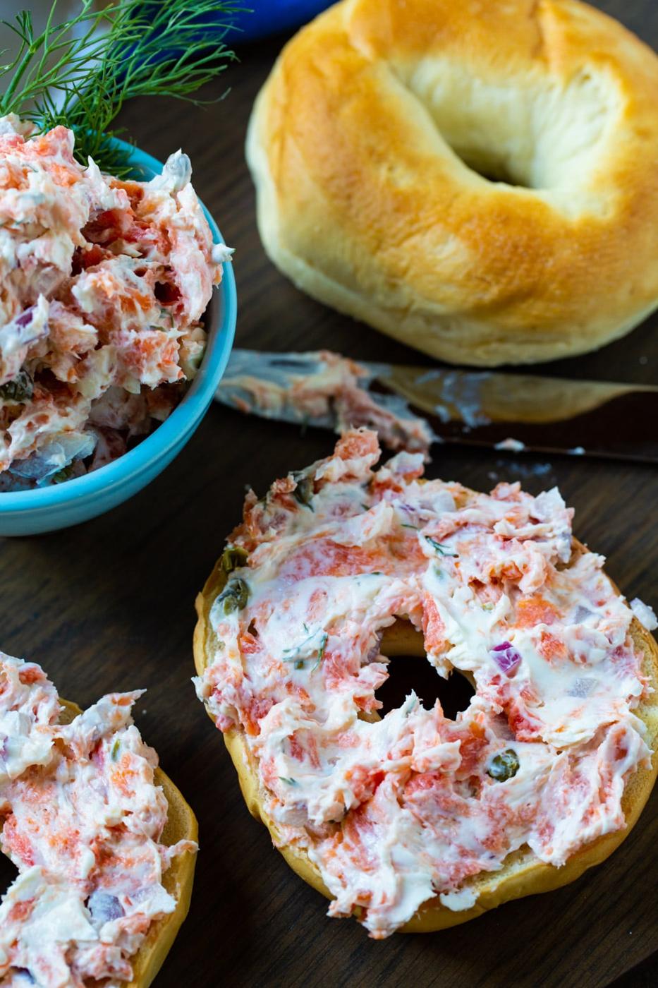 Smoked Salmon Spread on a bagel.