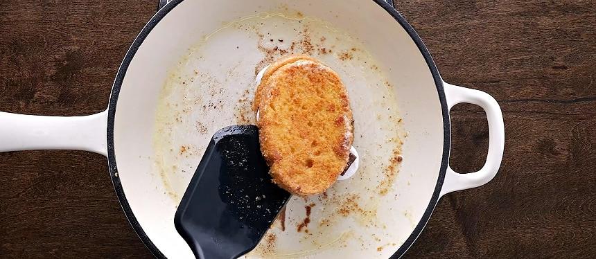Assembling the French toast.