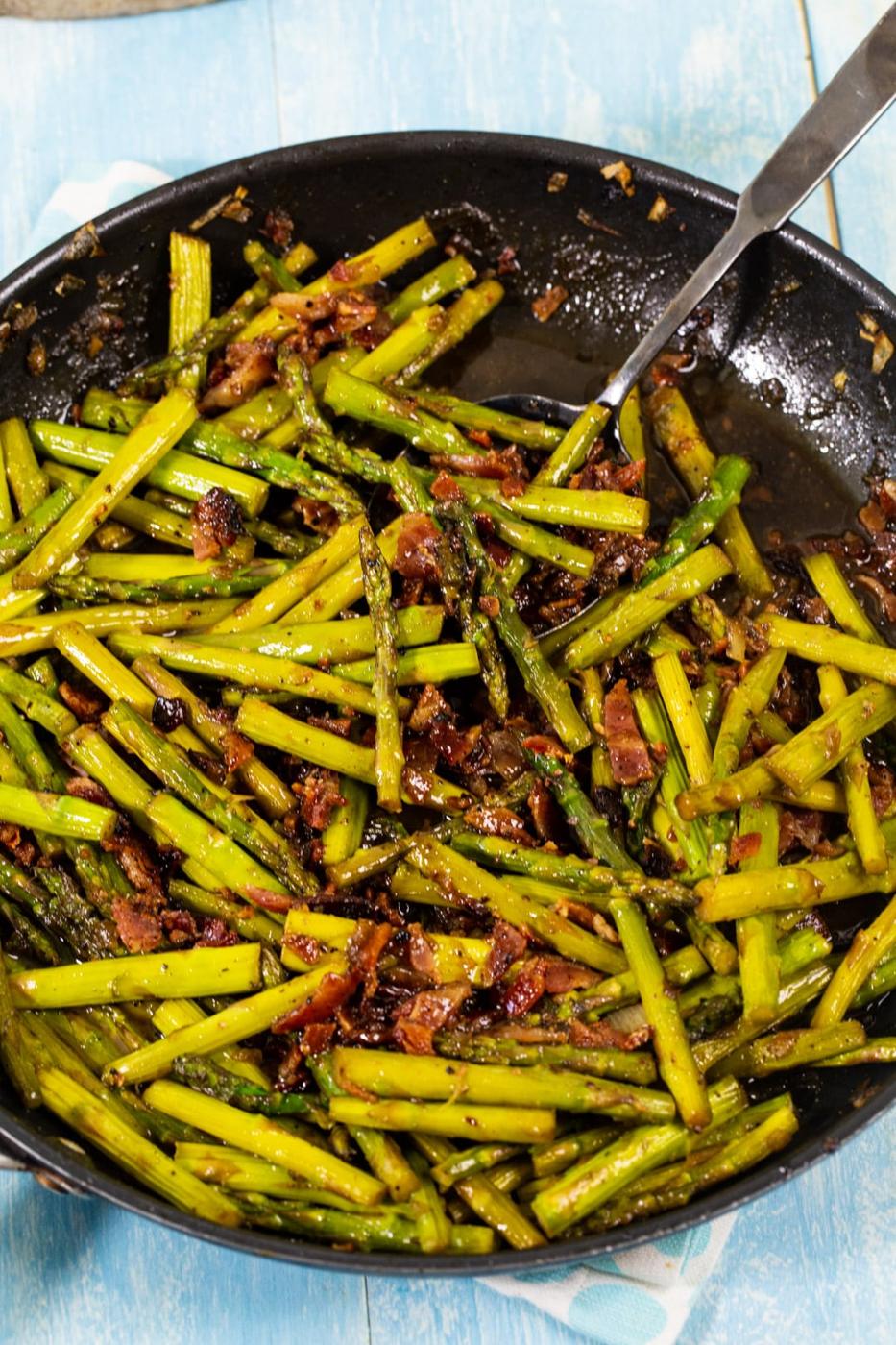 Asparagus in a large skillet.