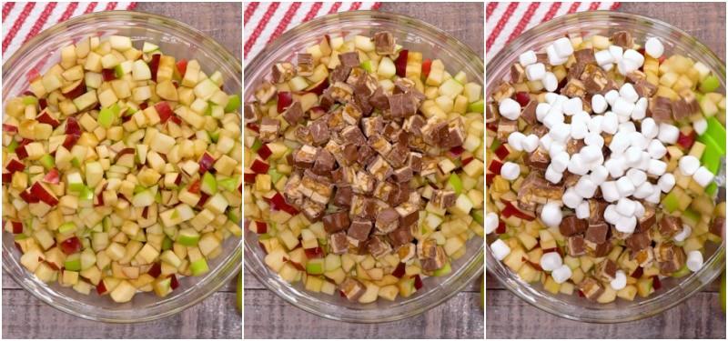 Adding in apples, snickers, and marshmallows.