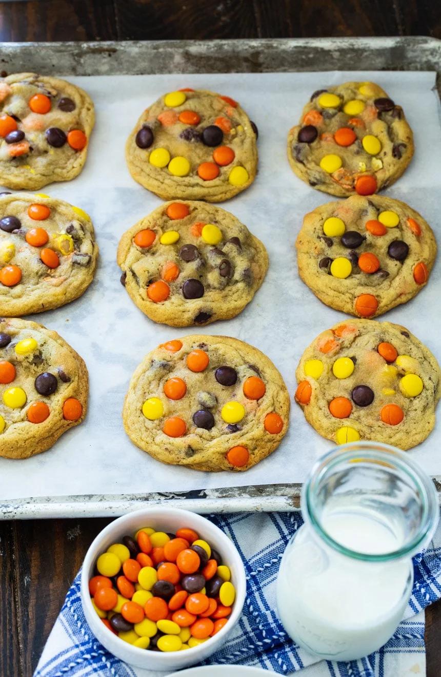 Reese's Pieces Cookies on a baking sheet